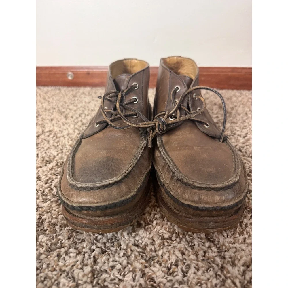 Frye Mens Brown Leather Moc Toe Chukka Boots Lace Up Mid Top Rugged Work Boots